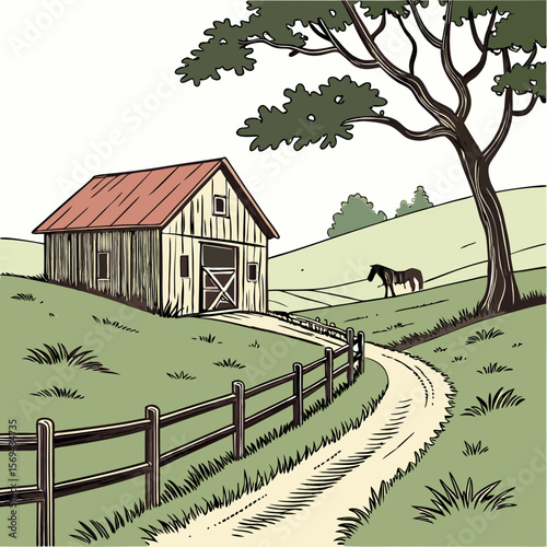 Rustic ranch scene with barn and horse tree fence