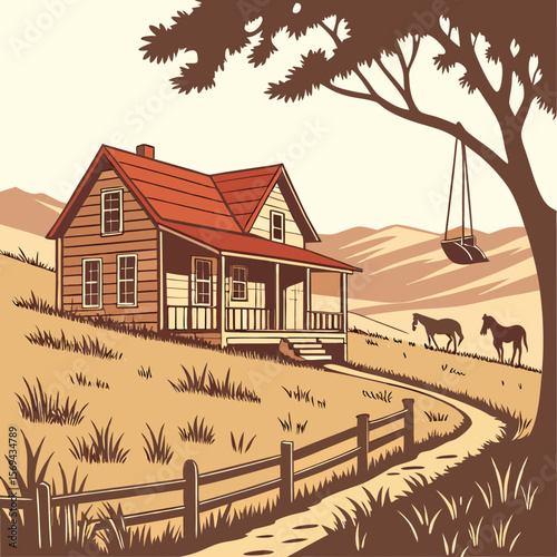 Rustic wooden house with horses and swing ranch