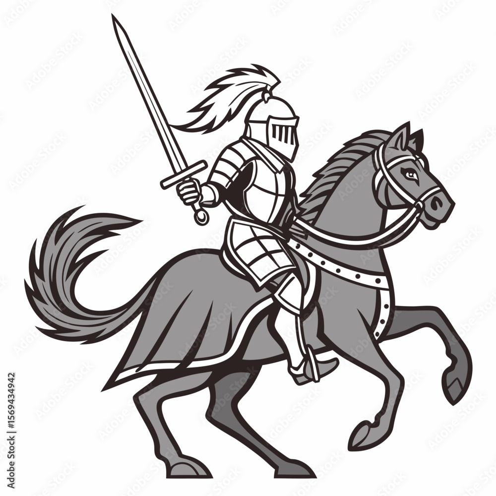 Fototapeta premium Armored warrior on horseback holding sword knight warhorse