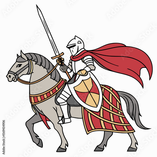 Armored knight riding grey horse with red cape and shield sword