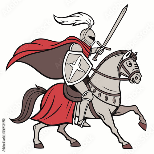 Armored knight riding horse with sword and shield medieval