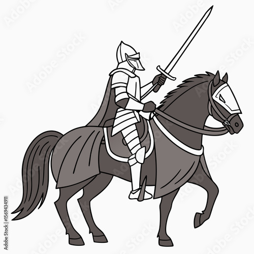 Armored warrior on dark horse holding sword knight