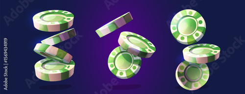 Cartoon green casino chips floating on dark bg - poker tokens with white stripes in various angles, falling and stacked positions. Gaming currency for gambling app, Vegas game or betting interface.