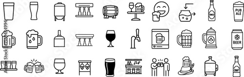 Beer and Brewery Stroke Icon Set - Featuring Pint Glass, Beer Keg, Tap, Bottle, and Brewing Equipment. Editable Outline Icons for Craft Beer, Pub, and Beverage Branding.