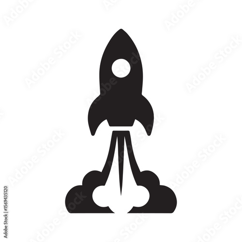 Black silhouette of a rocket launching with smoke and flames against a white background