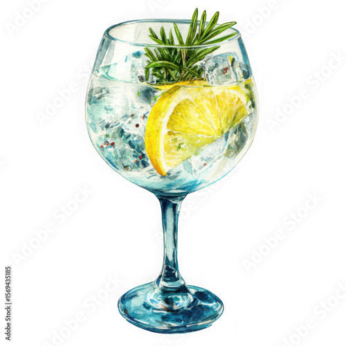 Refreshing watercolor illustration of a gin and tonic with lemon and rosemary isolated on transparent background