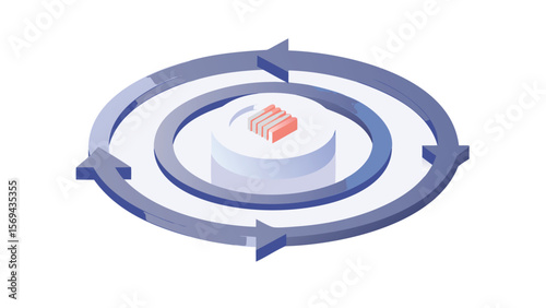 Isometric view of circular arrows rotating around a central platform with stacked objects on top