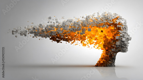 Dynamic abstraction shows the silhouette of a woman's head made from cascading cubes in shades of gray and orange. This artwork symbolizes transformation and creativity, blending form and energy