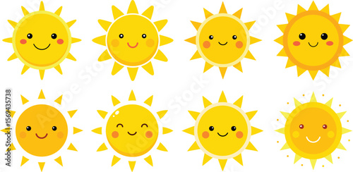 Cute Cartoon Sun Character Vector Set, Set of Artistic Sun Icons in Minimalist Style with Radiant Variations