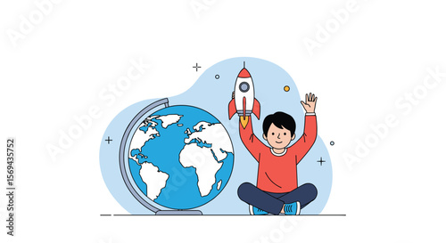 Young explorer celebrates launching rocket into outer space near globe