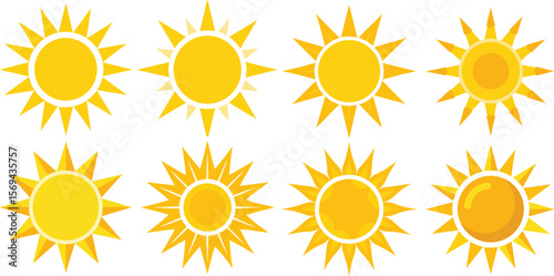 Cute Cartoon Sun Character Vector Set, Set of Artistic Sun Icons in Minimalist Style with Radiant Variations