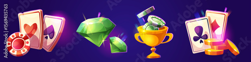 Cartoon casino game elements on purple bg - playing cards with red striped chip and gold coins stack, sparkling green diamonds, golden trophy cup filled with tokens. Gambling rewards for gaming ui.