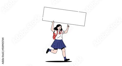 Young woman running forward holding a blank signboard above her head excitedly