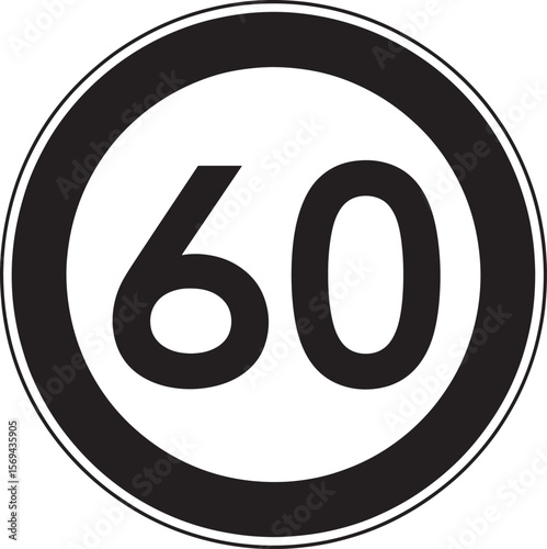Black silhouette of a speed limit sign with the number 60 isolated on white background