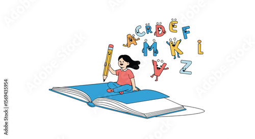 Child learning alphabets and reading from open book with pencil