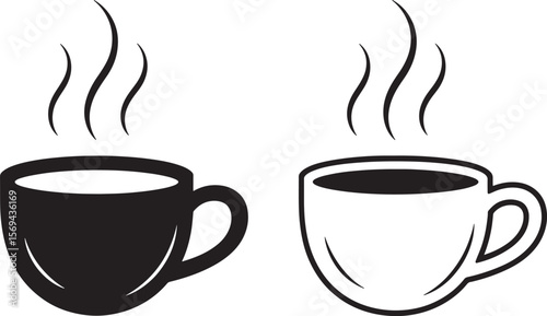 Two steaming cups of coffee one black silhouette and one outline isolated on white background
