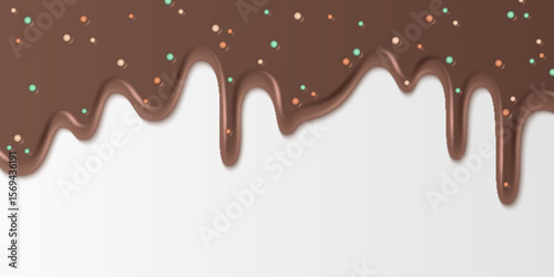 Chocolate ice cream drips with colorful sprinkles - melting brown glaze flows down decorated with candy balls. Sweet dessert topping for birthday cake designs, confectionery packaging or treats.