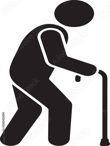 Simple black and white icon depicting elderly person walking with a cane
