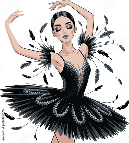 Elegant ballerina performing dance wearing black tutu decorated with feathers and sequins
