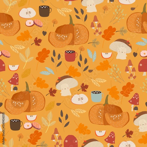 Seamless Pattern with Autumn Plants and Cups