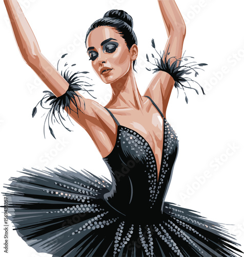 Elegant ballet dancer in a black dress with feathers isolated on a white background