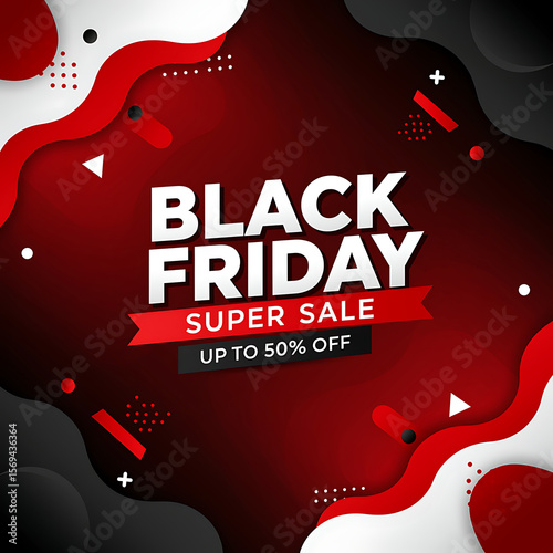 Black friday super sale banner with abstract shapes and red accents