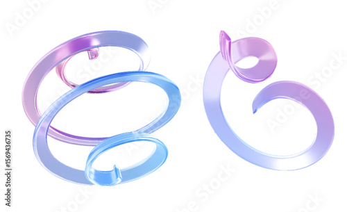 Spiral glass ribbons floating, colorful strip with gradient colors, twisted transparent coils. Modern abstract translucent shapes for decorative design. Glossy curved forms with iridescent reflections