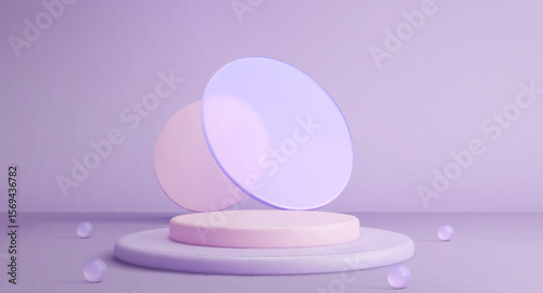 3d podium display with glass decoration - pastel purple and pink platform with frosted transparent circles backdrop. Minimalist product showcase stage with soft gradient lighting and scattered spheres
