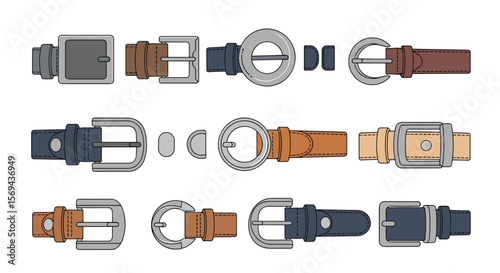 Collection of fashion belts and buckles featuring various styles and materials for apparel accessories
