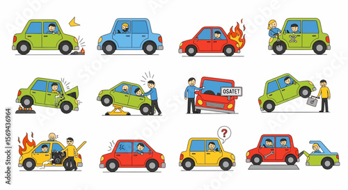 Cartoon Cars in Various Accident Scenarios with People, Line Art.