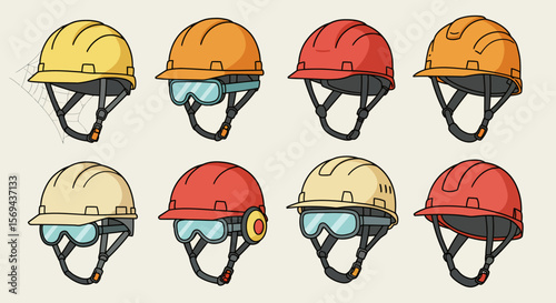 Collection of Colorful Cartoon Construction Helmets with Safety Goggles and Straps