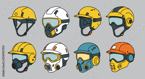 Collection of Eight Diverse Safety Helmets: Yellow, White, and Orange Protective Headgear with Visors and Masks