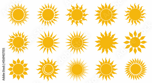 Collection of Fifteen Golden Sun Icons: Diverse Styles and Ray Designs