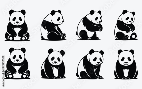 Collection of cute black and white panda bear illustrations in various sitting poses
