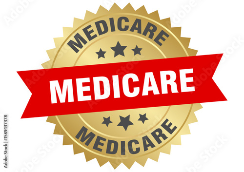 medicare. medicare round red and gold label isolated on transparent background