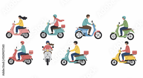 Eight Diverse Riders on Colorful Vintage Scooters