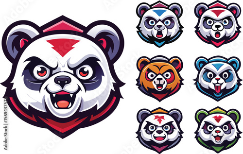 Collection of fierce and playful panda mascot logos with different color accents