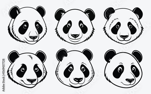Collection of six cute panda bear faces in a clean black and white illustration