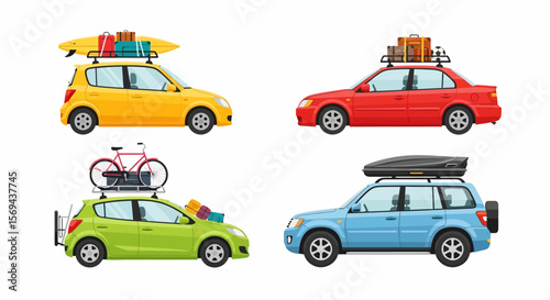 Four Cars Ready for Travel with Roof Racks and Luggage