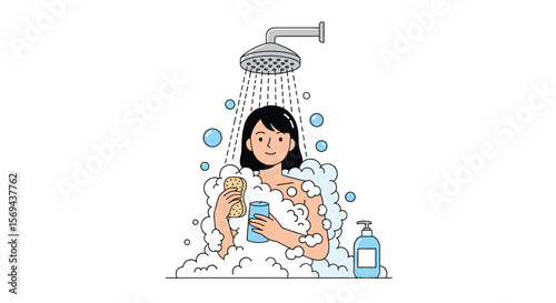 Young woman enjoying a relaxing shower with soap and shower gel