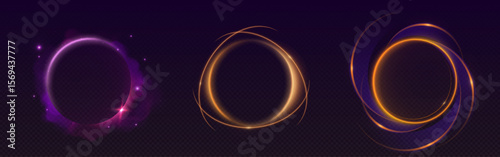 Abstract neon halo rings with light trails - purple glowing circle, golden orbital loops and blue energy spirals on dark background. Luminous frames for futuristic design, motion graphics interfaces.