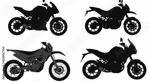 Four Motorcycle Silhouettes: Diverse Styles, Black and Gray, Side Views, Transportation