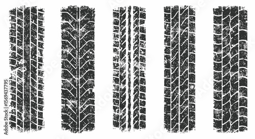 Five Grunge-Style Tire Track Imprints: Vertical, Black and White, Detailed Tread Patterns
