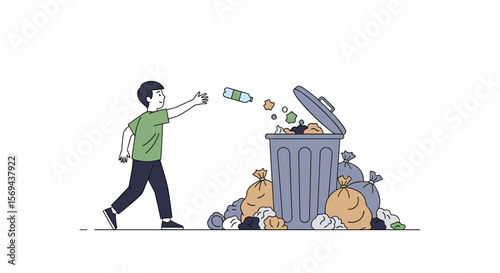 Person throwing trash into an overflowing bin amidst a pile of garbage bags