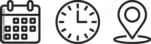 Calendar clock and location icons silhouette isolated on white background