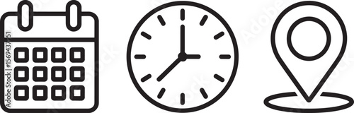 Calendar clock and location pin icons in a simple silhouette style isolated on white background