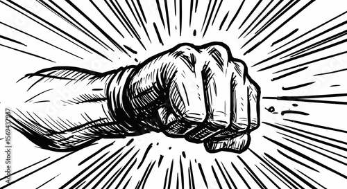 Powerful Black and White Fist Illustration with Dynamic Radial Lines