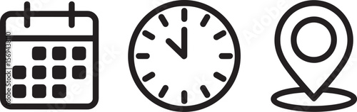 Calendar clock and location pin icons silhouette on white background isolated on white background