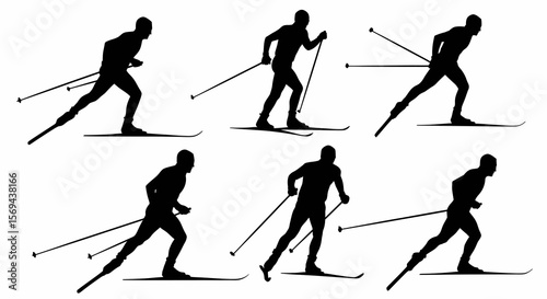 Six Silhouettes of Cross-Country Skiers in Dynamic Poses