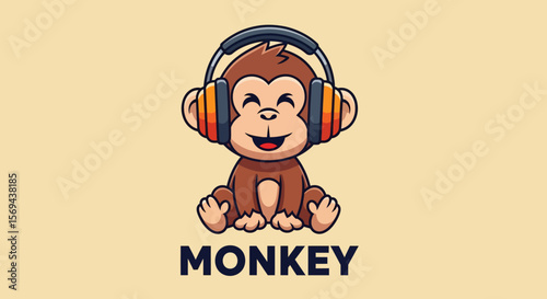 Smiling Cartoon Monkey Wearing Headphones, Sitting with Text